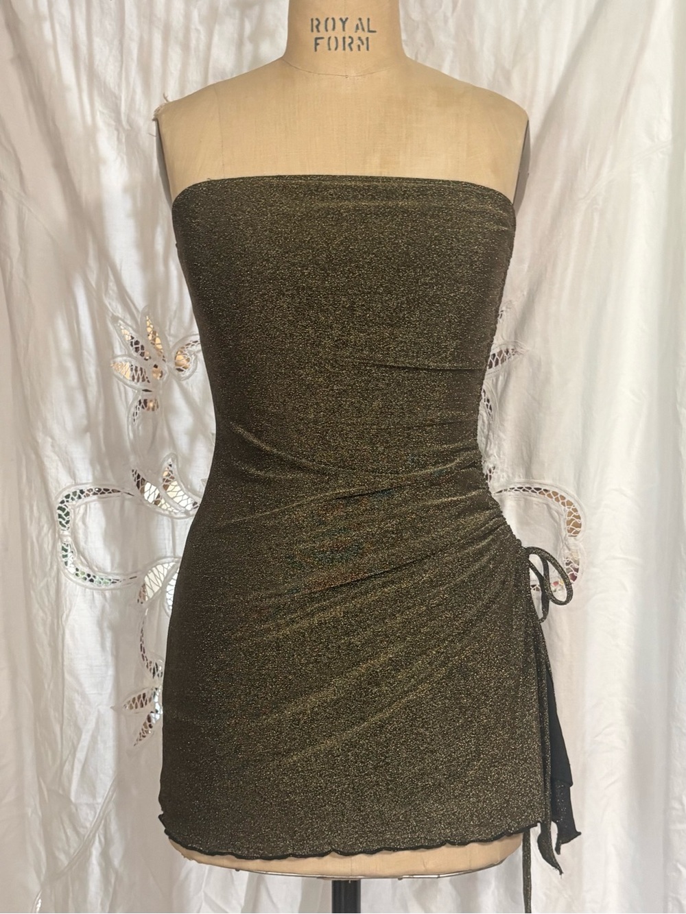Y2K Gold Sparkle Metallic Strapless Ruched Lurex Going Out Top Size M
